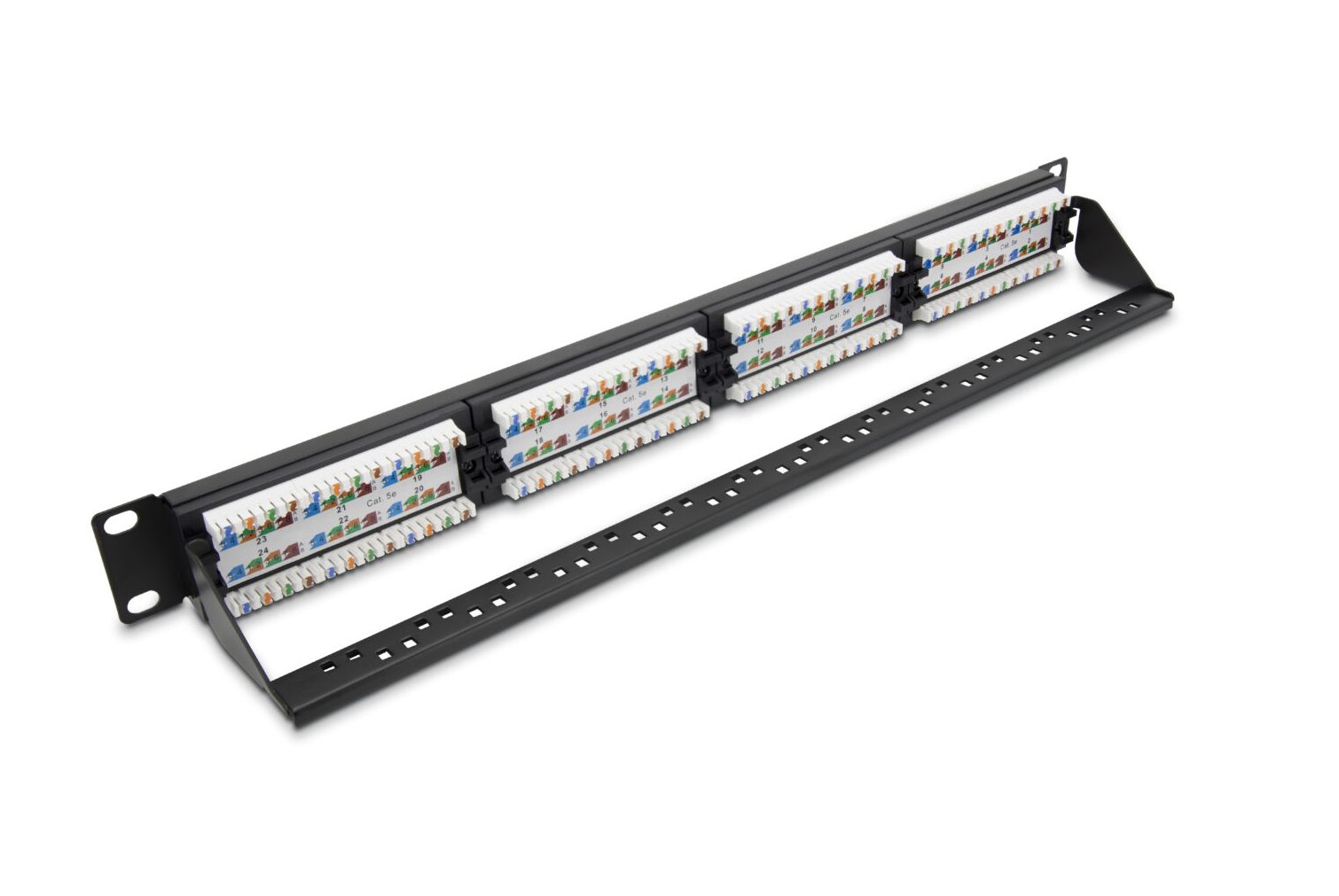 Category 5e 19-inch 1U 24xRJ45 UTP Patch Panel black with cable-mounting bracket